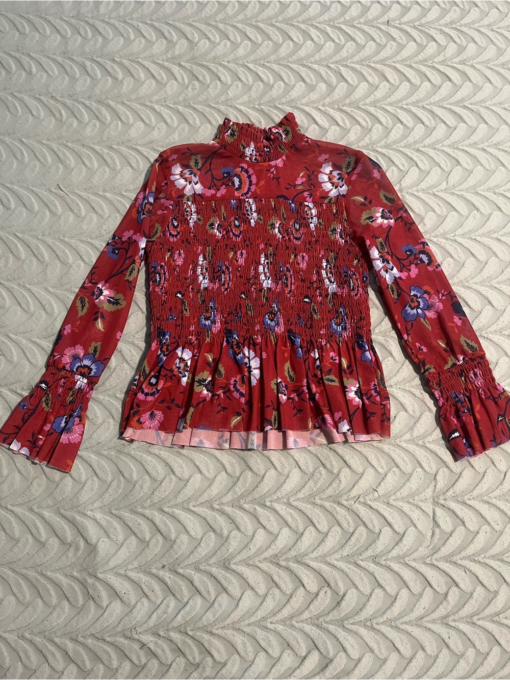 New Girls Red Floral Smocked Peplum Top